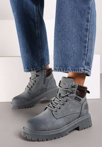 Renee - Niebieskie Sznurowane Płaskie Botki Trekkingowe Sinane. Okazja: na co dzień. Nosek buta: okrągły. Kolor: niebieski. Materiał: jeans, skóra. Sezon: jesień. Styl: casual #4