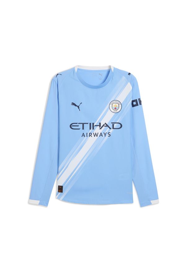 Puma - Męska autentyczna koszulka domowa z długim rękawem Manchester City 25/26 PUMA. Kolor: wielokolorowy, niebieski, biały. Długość rękawa: długi rękaw. Długość: długie. Wzór: paski, aplikacja. Sport: piłka nożna