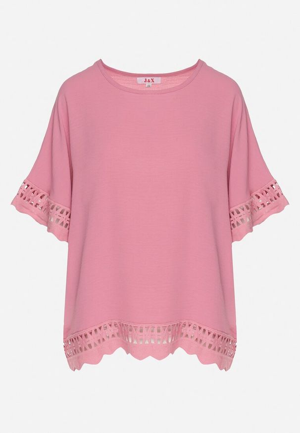 Born2be - Różowa Bluzka z Ażurowymi Wstawkami Vozenia. Okazja: na co dzień. Kolor: różowy. Materiał: jeans. Wzór: ażurowy. Styl: klasyczny, elegancki, casual