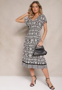 Renee - Biało-Czarna Rozkloszowana Sukienka z Bawełny w Print Paisley Lanarisa. Okazja: na co dzień. Typ kołnierza: dekolt w kształcie V. Kolor: czarny. Materiał: bawełna. Długość rękawa: krótki rękaw. Wzór: paisley, nadruk. Sezon: lato. Styl: casual, elegancki #3