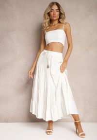 Renee - Jasnobeżowa Wiskozowa Spódnica High Waist o Rozkloszowanym Kroju z Wiązaniem i Gumką w Talii Leceviana. Okazja: na spacer. Stan: podwyższony. Kolor: beżowy. Materiał: wiskoza. Wzór: aplikacja. Sezon: lato, wiosna. Styl: elegancki #5