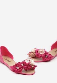 Renee - Fuksjowe Otwarte Balerinki z Aplikacją z Kwiatami Anlofi. Nosek buta: otwarty. Kolor: różowy. Wzór: aplikacja, kwiaty #5