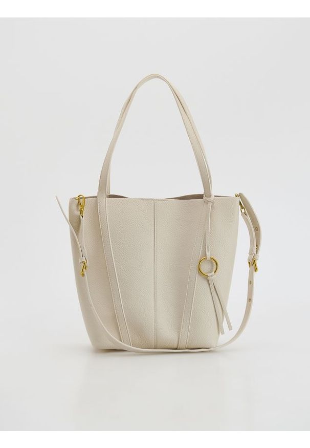 Reserved - Torebka shopper z zawieszką - złamana biel. Materiał: skórzane