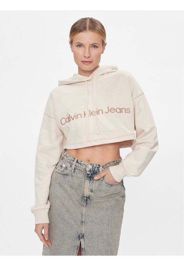 Calvin Klein Jeans Bluza Hero Monologo Short Hoodie J20J222540 Écru Regular Fit. Materiał: bawełna