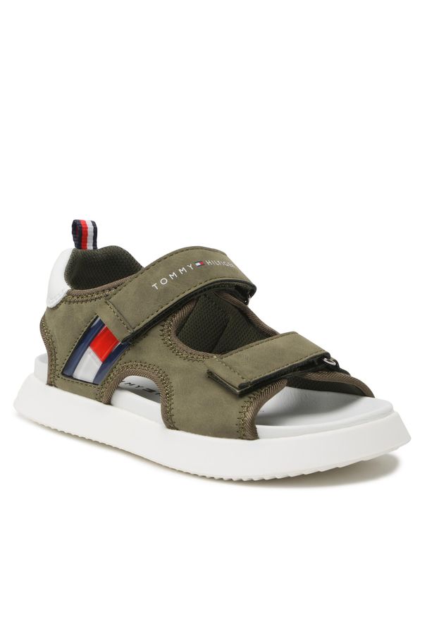 TOMMY HILFIGER - Sandały Tommy Hilfiger Flag Velcro Sandal T3B2-32906-1355 M Military Green 414. Kolor: brązowy. Materiał: skóra