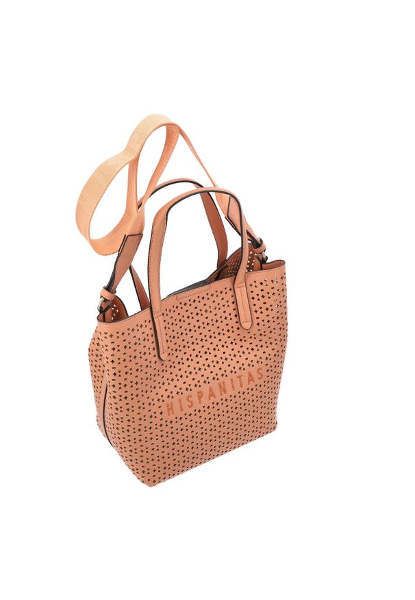 Pomarańczowa Ażurowa Damska Torebka Hispanitas. Kolor: pomarańczowy. Wzór: ażurowy. Sezon: lato. Materiał: skórzane. Styl: casual, elegancki. Rodzaj torebki: na ramię