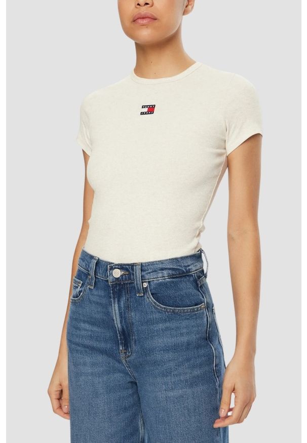 Tommy Jeans - TOMMY JEANS Beżowy damski t-shirt, Rozmiar L. Kolor: beżowy