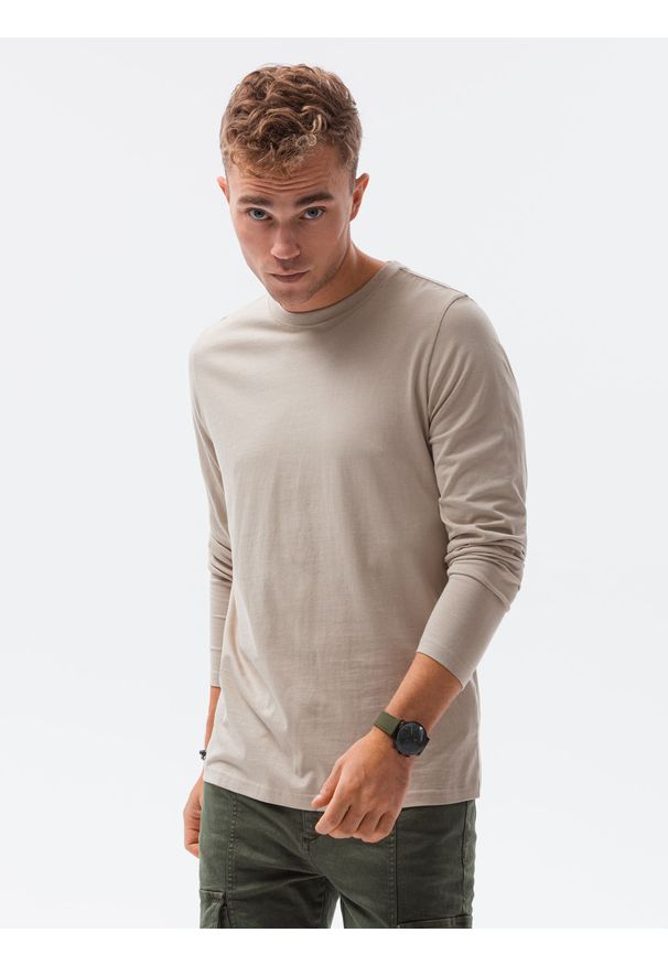 Ombre Clothing - Longsleeve męski bez nadruku L138 - beżowy - XXL. Kolor: beżowy. Materiał: bawełna. Długość rękawa: długi rękaw. Styl: klasyczny