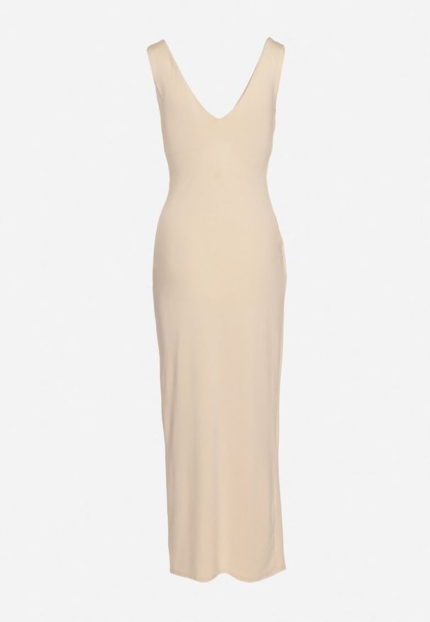 Born2be - Beżowa Klasyczna Kopertowa Sukienka Koktajlowa bez Rękawów Widoksa. Okazja: do pracy, na spotkanie biznesowe. Typ kołnierza: dekolt w serek. Kolor: beżowy. Materiał: tkanina. Długość rękawa: bez rękawów. Wzór: aplikacja. Typ sukienki: kopertowe. Styl: wizytowy, klasyczny