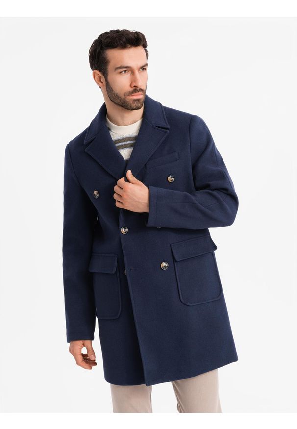 Ombre Clothing - Dwurzędowy męski płaszcz z ozdobnymi guzikami – indygo V1 - Rozmiar: M. Typ kołnierza: kołnierz rewers. Materiał: poliester, materiał. Długość: długie. Styl: klasyczny, wizytowy, elegancki