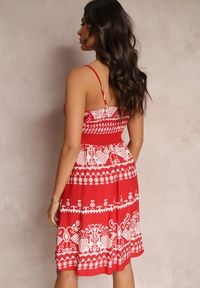 Renee - Czerwona Wiskozowa Sukienka z Gumką w Pasie w Etno Wzór Placenta. Kolor: czerwony. Materiał: wiskoza. Styl: etno #4