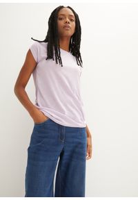 bonprix - Długi shirt z zaokrąglonym dołem. Kolor: fioletowy. Długość rękawa: krótki rękaw. Długość: długie. Wzór: melanż #1