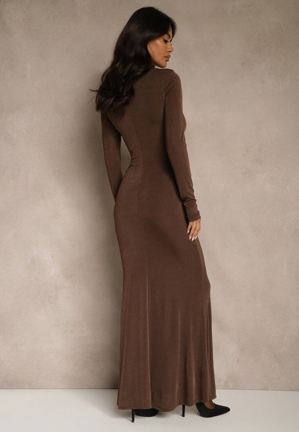 Renee - Brązowa Taliowana Sukienka Koktajlowa Lonsgleeve z Elegancką Aplikacją Idirena. Typ kołnierza: dekolt kwadratowy. Kolor: brązowy. Wzór: aplikacja. Typ sukienki: oversize. Styl: wizytowy, elegancki