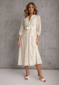 Renee - Beżowa Koronkowa Sukienka Boho Rozkloszowana z Paskiem w Talii Irinsea. Okazja: na co dzień. Kolor: beżowy. Materiał: koronka. Wzór: koronka. Typ sukienki: rozkloszowane, proste. Styl: boho #2