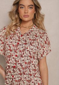 Renee - Brązowa Sukienka z Bawełny w Print Paisley o Koszulowym Kroju Celluria. Okazja: na spacer. Typ kołnierza: dekolt w kształcie V. Kolor: brązowy. Materiał: bawełna. Długość rękawa: krótki rękaw. Wzór: paisley, nadruk. Typ sukienki: koszulowe