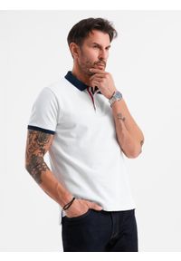 Ombre Clothing - Męska koszulka polo z kolorowymi akcentami – biała V2 OM-POSS-0105 - XXL. Typ kołnierza: polo. Kolor: biały. Materiał: dzianina, bawełna. Wzór: kolorowy. Styl: klasyczny, sportowy, elegancki #4