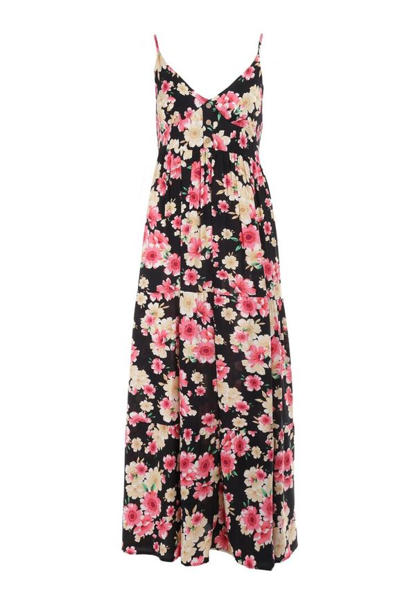 Born2be - Czarna Sukienka Damaia. Typ kołnierza: kołnierz z falbankami. Kolor: czarny. Materiał: wiskoza. Długość rękawa: na ramiączkach. Wzór: kwiaty. Długość: maxi