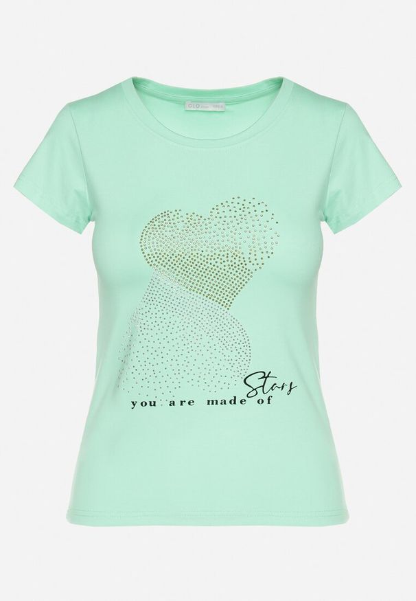 Born2be - Jasnozielony Bawełniany T-shirt Ozdobiony Cyrkoniami i Napisem Divera. Okazja: na co dzień. Kolor: zielony. Materiał: bawełna. Wzór: napisy, aplikacja. Styl: klasyczny, casual
