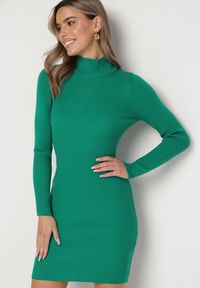 Born2be - Zielona Prążkowana Sukienka Mini Sweterkowa z Golfem Agoain. Typ kołnierza: golf. Kolor: zielony. Materiał: prążkowany. Długość rękawa: długi rękaw. Sezon: jesień, zima. Typ sukienki: dopasowane. Długość: mini #1