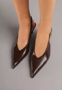 Renee - Brązowe Czółenka Slingback na Obcasie Typu Kaczuszka Latorra. Okazja: na co dzień. Zapięcie: sprzączka. Kolor: brązowy. Wzór: ażurowy. Obcas: na obcasie. Styl: casual, elegancki. Wysokość obcasa: średni #4