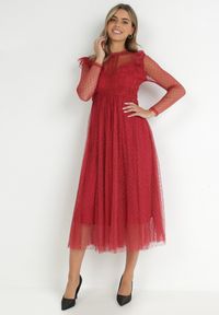 Born2be - Bordowa Sukienka z Koronką i Tiulem Nemila. Okazja: na co dzień. Typ kołnierza: dekolt w łódkę. Kolor: czerwony. Materiał: tiul, koronka. Wzór: koronka. Typ sukienki: proste. Styl: casual #2