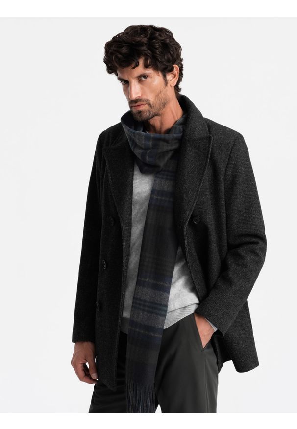 Ombre Clothing - Męski szalik w szkocką kratę z frędzlami – czarno-szary V1 OM-ACSF-0113 - uniwersalny. Okazja: na co dzień. Kolor: szary. Materiał: wiskoza, poliester, materiał, tkanina. Styl: casual