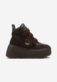Born2be - Brązowe Botki Vices w Stylu Sneakersów na Platformie Afirriva. Okazja: na co dzień. Zapięcie: rzepy. Kolor: brązowy. Materiał: jeans. Wzór: aplikacja. Obcas: na platformie. Styl: retro, casual, klasyczny. Wysokość obcasa: średni #4