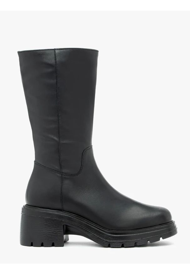 Ryłko - Czarne krótkie kozaki ze skóry licowej. Okazja: na co dzień. Nosek buta: okrągły. Zapięcie: zamek. Kolor: czarny. Szerokość cholewki: normalna. Materiał: skóra. Obcas: na obcasie. Styl: casual. Wysokość obcasa: średni