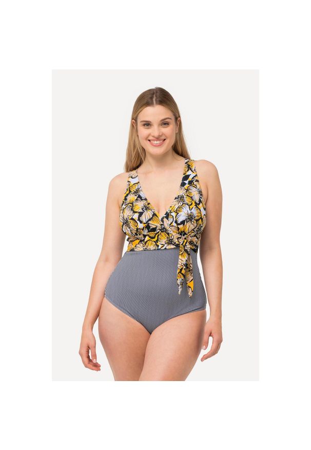 ULLA POPKEN - Damski Strój kąpielowy przesuwany węzeł imitacja dekoltu typu halter. Kolekcja: plus size. Kolor: biały. Materiał: poliamid, poliester, materiał, elastan