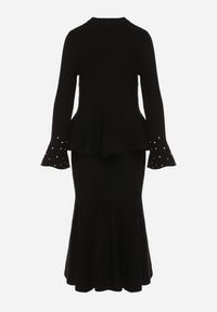 Born2be - Czarny Dzianinowy Komplet z Wiskozą Spódnica i Sweter z Baskinką i Cyrkoniami Neora. Kolor: czarny. Materiał: dzianina, wiskoza #7