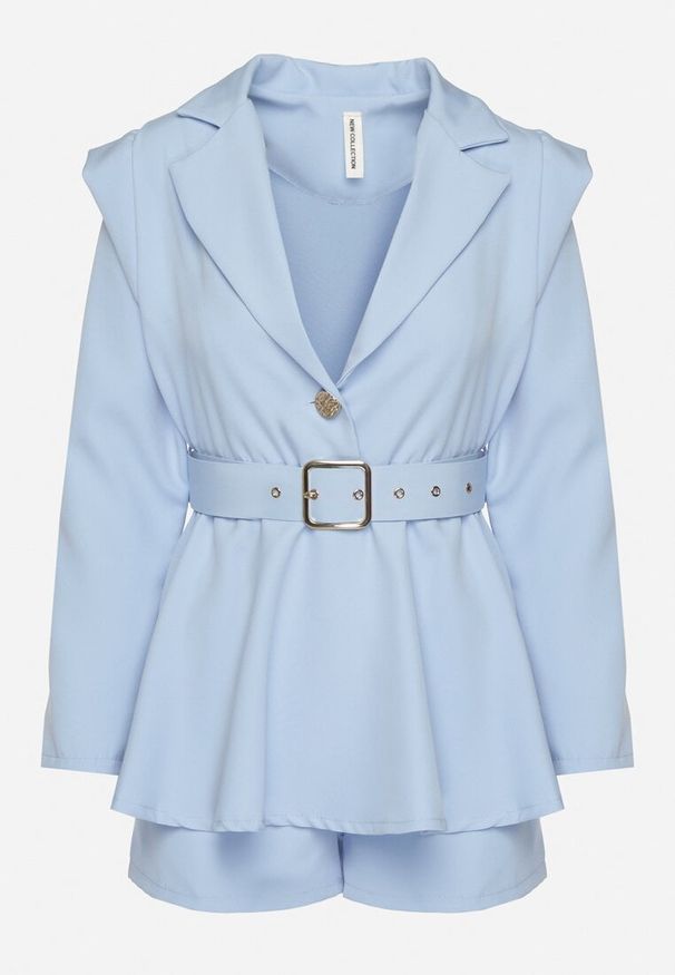 Born2be - Jasnoniebieski Kombinezon w Stylu Garniturowym z Paskiem i Ozdobnym Guzikiem Arazia. Kolor: niebieski. Styl: elegancki