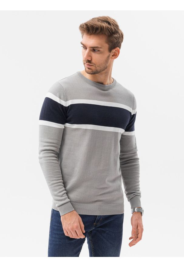 Ombre Clothing - Sweter męski E190 - szary melanż - XXL. Kolor: szary. Materiał: bawełna, jeans. Wzór: melanż. Styl: klasyczny