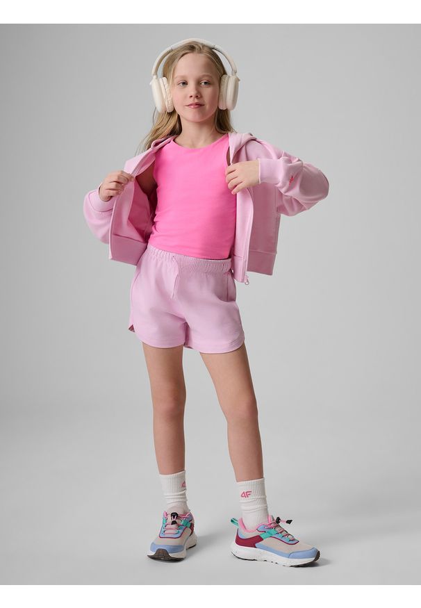 4f - 4F Crop top slim gładki dziewczęcy - różowy 146 (10-11 lat). Okazja: na co dzień. Kolor: różowy. Materiał: dzianina, skóra, materiał, bawełna. Długość: krótkie. Wzór: gładki. Sezon: lato. Styl: casual