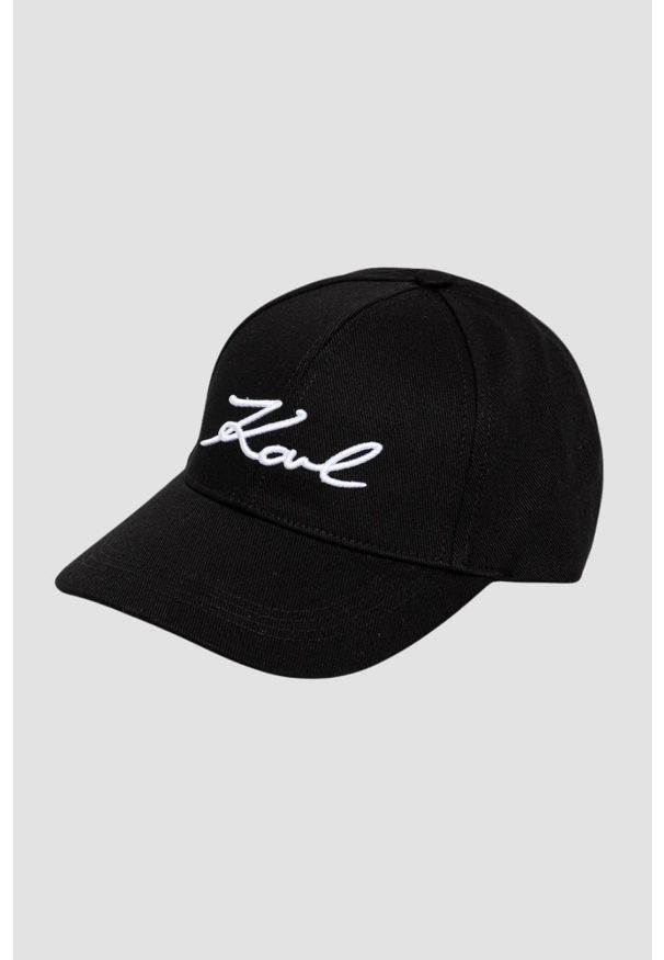 Karl Lagerfeld - KARL LAGERFELD Czarna czapka damska z daszkiem Signature Cap. Kolor: czarny. Wzór: aplikacja, haft. Styl: casual, elegancki