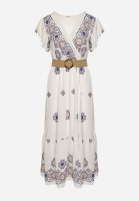 Born2be - Biało-Niebieska Wiskozowa Sukienka z Paskiem w Ornamentny Wzór Nilorine. Okazja: na co dzień, na spacer. Kolor: niebieski. Materiał: wiskoza. Typ sukienki: kopertowe. Styl: klasyczny, casual, elegancki #5