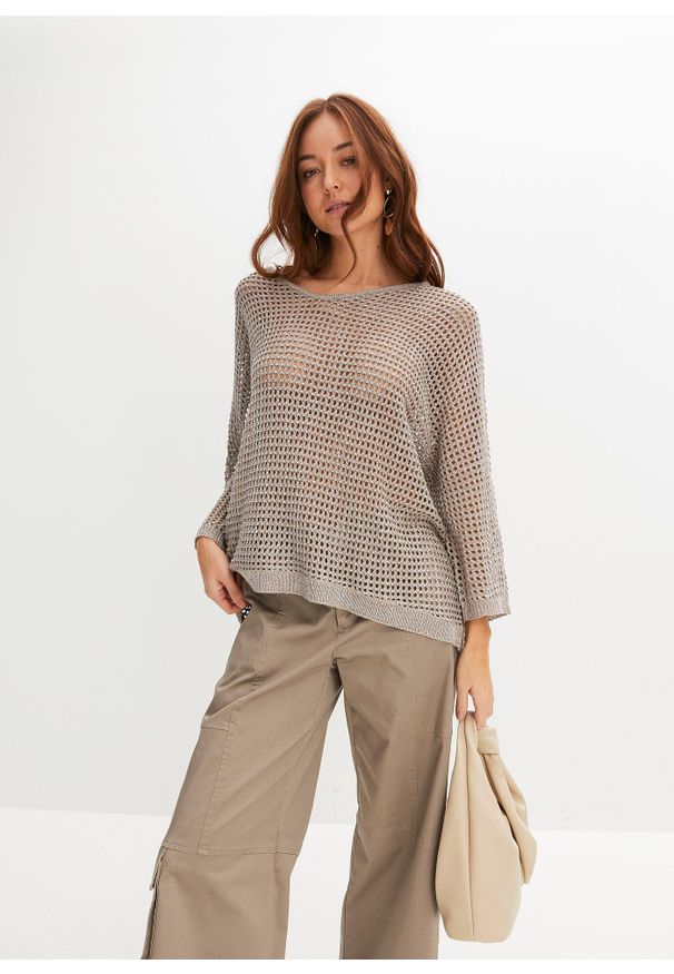 bonprix - Sweter ażurowy z połyskiem. Kolor: brązowy. Wzór: ażurowy