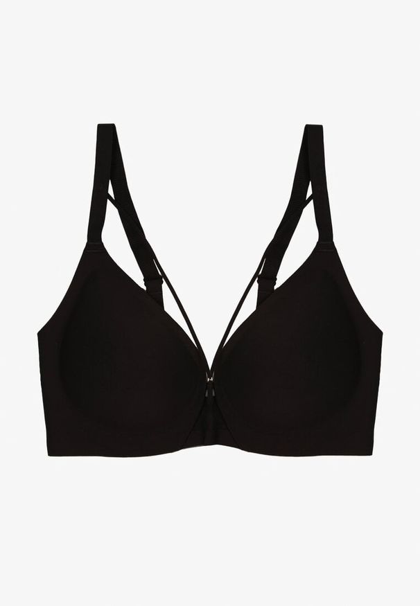 Born2be - Czarny Biustonosz z Ozdobnymi Paskami Zetessa. Kolor: czarny. Materiał: jeans. Wzór: paski