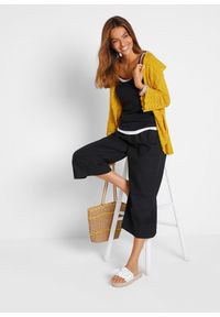 bonprix - Spodnie z mieszanki bawełny i lnu, dł. 3/4. Kolor: czarny. Materiał: bawełna, len. Wzór: prążki #3