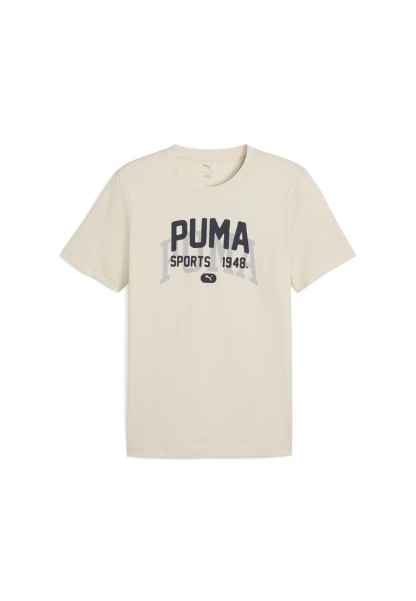 Puma - Męska koszulka z grafiką w uniwersyteckim stylu PUMA. Kolor: wielokolorowy, biały, beżowy. Sport: fitness