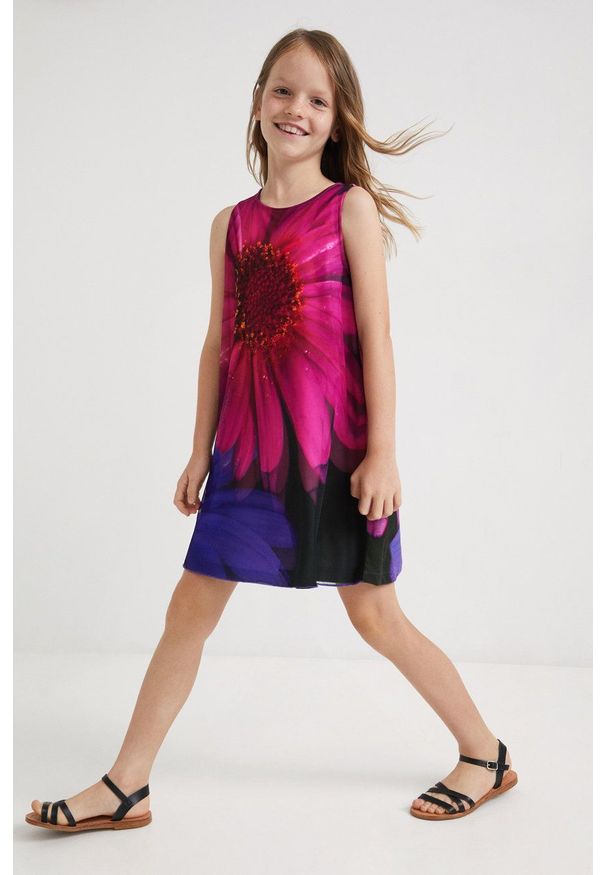 Desigual sukienka dziecięca kolor fioletowy mini rozkloszowana. Kolor: fioletowy. Materiał: bawełna, dzianina. Długość rękawa: na ramiączkach. Typ sukienki: rozkloszowane. Długość: mini