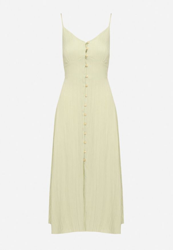 Born2be - Zielona Sukienka na Cienkich Regulowanych Ramiączkach Zapinana na Guziki Palfea. Kolor: zielony. Długość rękawa: na ramiączkach. Wzór: aplikacja. Styl: elegancki