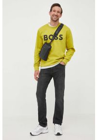 BOSS bluza bawełniana męska kolor zielony z nadrukiem. Kolor: zielony. Materiał: bawełna. Wzór: nadruk. Styl: klasyczny #3
