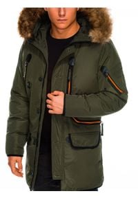 Ombre Clothing - Kurtka męska zimowa parka C369 - khaki - XL. Kolor: brązowy. Materiał: poliester, futro. Sezon: zima #4