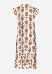 Born2be - Biało-Beżowa Kwiatowa Sukienka z Bawełną i Falbanką Efanelia. Okazja: na spacer, na imprezę. Typ kołnierza: dekolt w serek. Kolor: beżowy. Materiał: bawełna. Wzór: kwiaty. Sezon: wiosna, lato. Typ sukienki: proste. Styl: elegancki #5