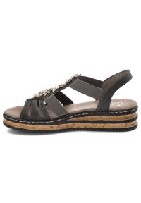 Szare Sandały Rieker Wygodne Buty Damskie. Okazja: na co dzień, na spacer. Zapięcie: bez zapięcia, pasek. Kolor: szary. Wzór: gładki, paski. Materiał: skóra ekologiczna, materiał. Sezon: lato. Obcas: na koturnie. Styl: casual, elegancki. Wysokość obcasa: średni #5
