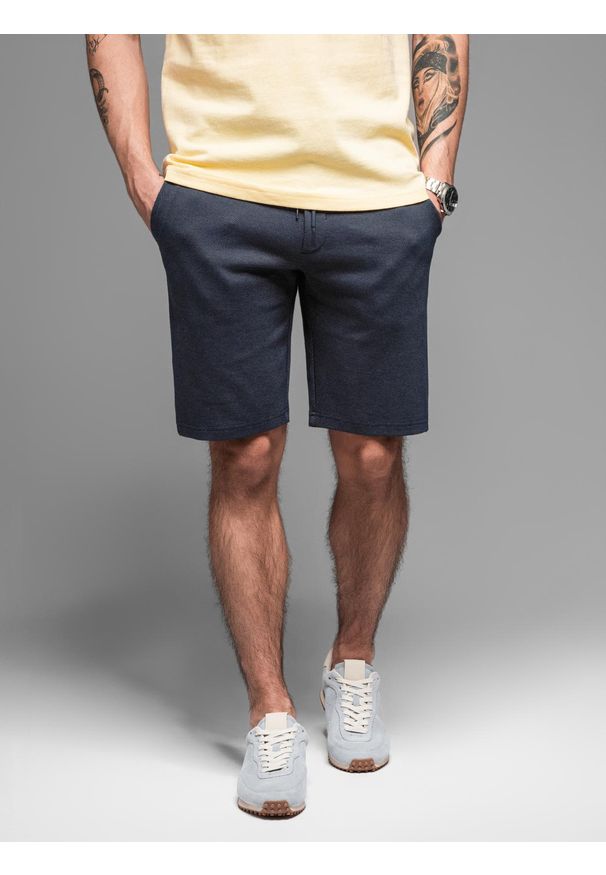 Ombre Clothing - Casualowe męskie szorty SLIM FIT z dzianiny żakardowej – granatowe V1 - Rozmiar: M. Okazja: na co dzień. Kolor: niebieski. Materiał: żakard, dzianina. Styl: casual