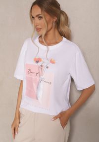 Renee - Biały T-shirt Oversize z Bawełny Zdobiony Nadrukiem Setolina. Okazja: na co dzień. Kolor: biały. Materiał: bawełna. Wzór: aplikacja, nadruk. Styl: klasyczny, casual, elegancki #4