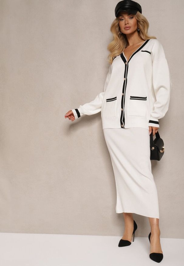 Renee - Biały Wiskozowy Komplet Kardigan na Guziki z Lamówką i Dopasowana Spódnica Tamorin. Kolor: biały. Materiał: wiskoza