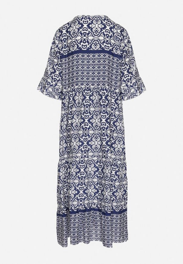 Born2be - Granatowa Bawełniana Sukienka w Stylu Boho z Wiązaniem Przy Dekolcie Orradelle. Okazja: na co dzień. Kolor: niebieski. Materiał: bawełna. Typ sukienki: proste. Styl: boho