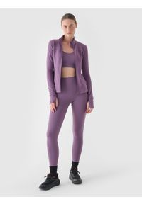 4f - 4F Bluza treningowa slim szybkoschnąca damska - fioletowa XS. Typ kołnierza: bez kaptura, kołnierzyk stójkowy. Kolor: fioletowy. Materiał: dzianina, włókno, syntetyk, materiał, prążkowany, elastan. Wzór: prążki, jednolity. Styl: sportowy. Sport: fitness
